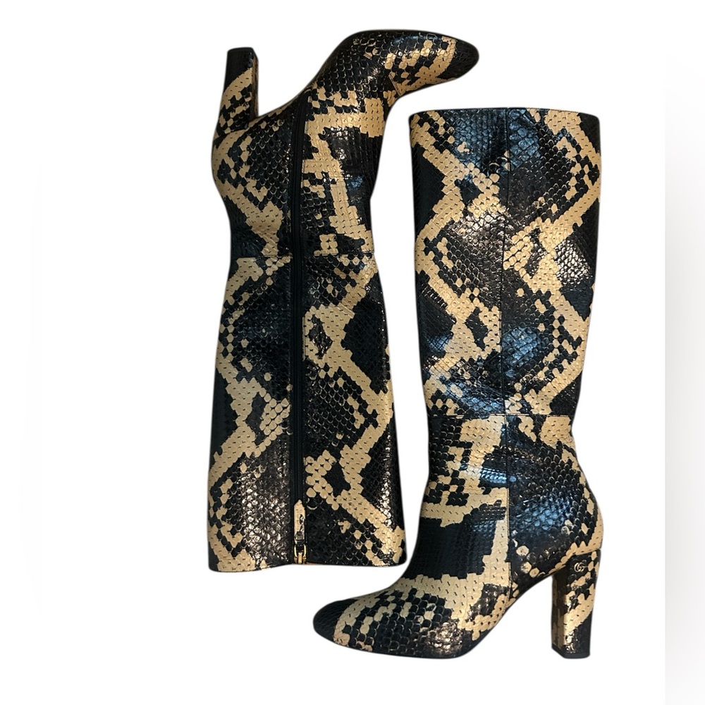 Gucci Python Print Leather Knee High Heeled Boots… - image 1